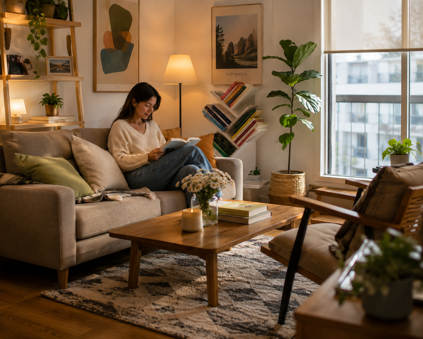 Sala acogedora y ordenada con pocos elementos