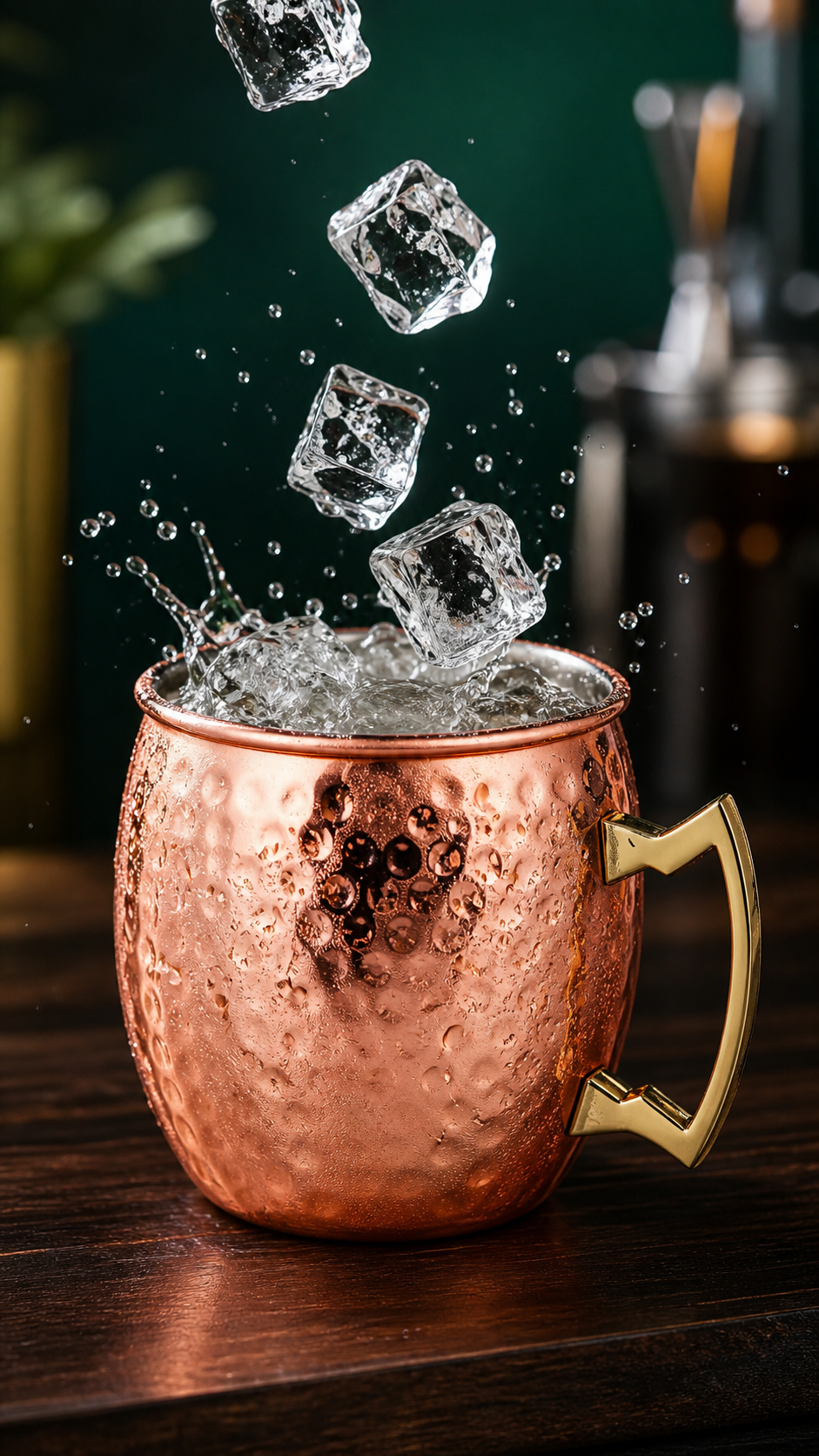 Cubos de hielo sobre una taza estilo Moscow Mule de acabado cobrizo