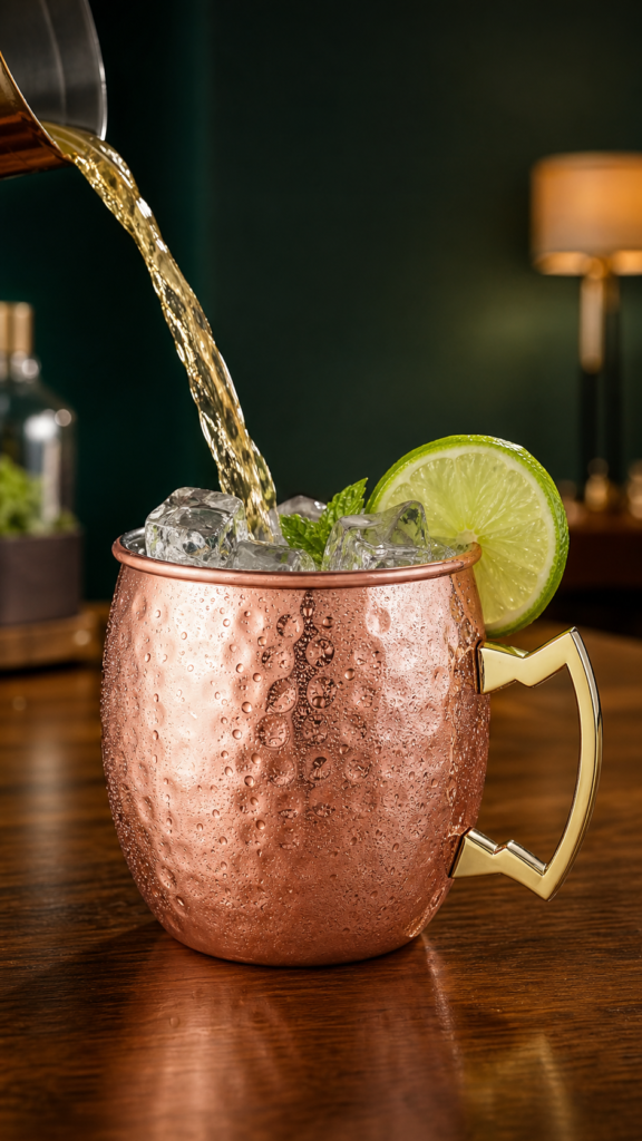 Bebida con hielo y limón servida en una taza estilo Moscow Mule de acabado cobrizo