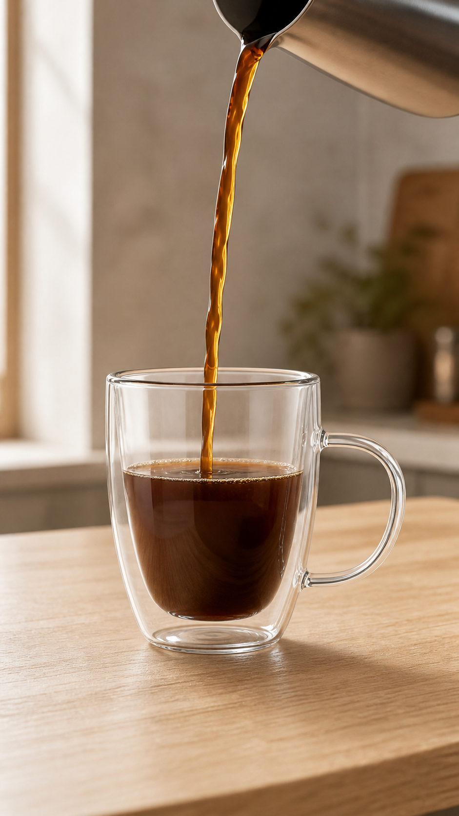 Café recién servido en una taza de vidrio de doble pared