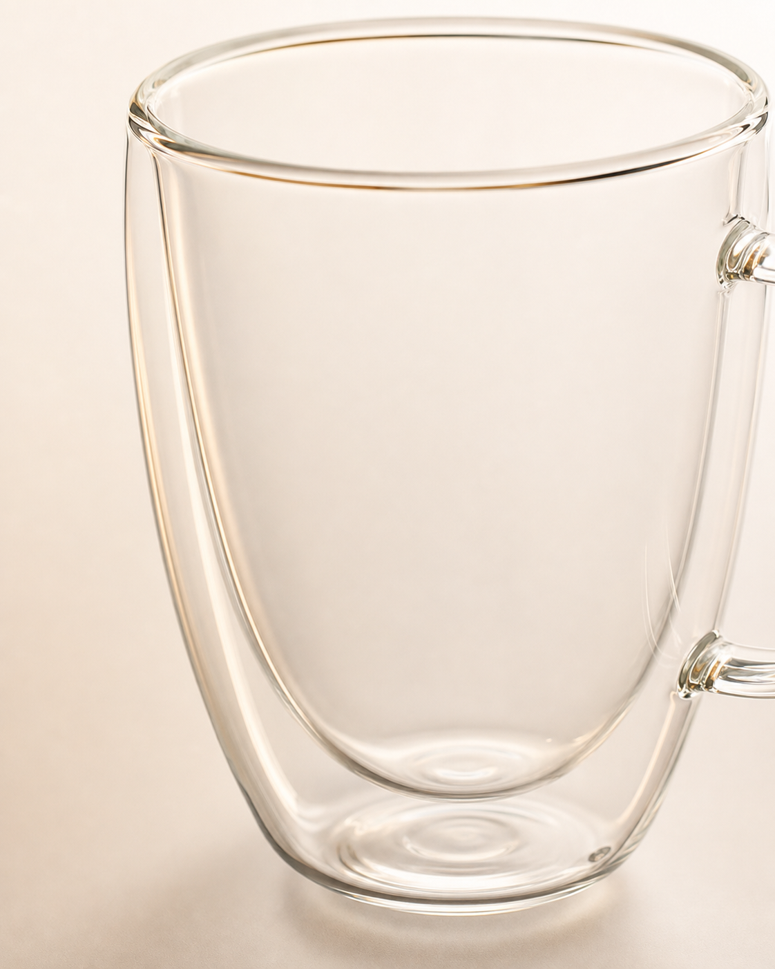 Detalle de una taza de vidrio con estructura de doble pared