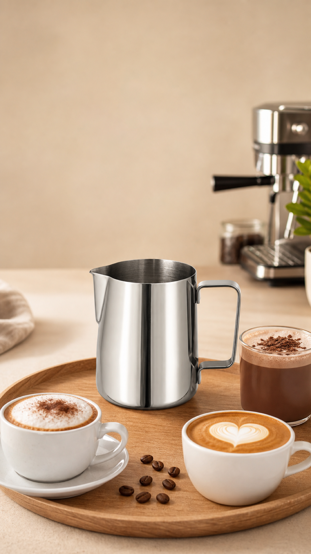 Jarra de acero inoxidable en una estación de café con latte, cappuccino y chocolate caliente