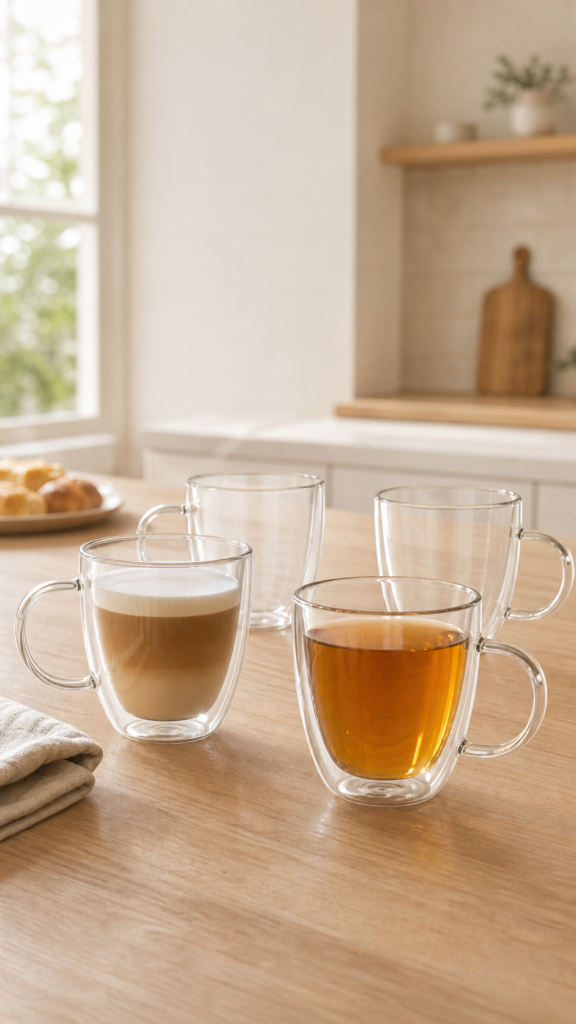 Tazas de vidrio de doble pared con café y té sobre una mesa de desayuno