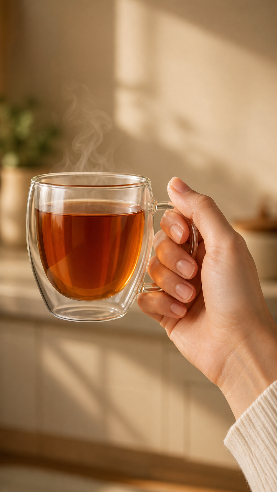 Persona sosteniendo una taza de vidrio de doble pared con una bebida caliente