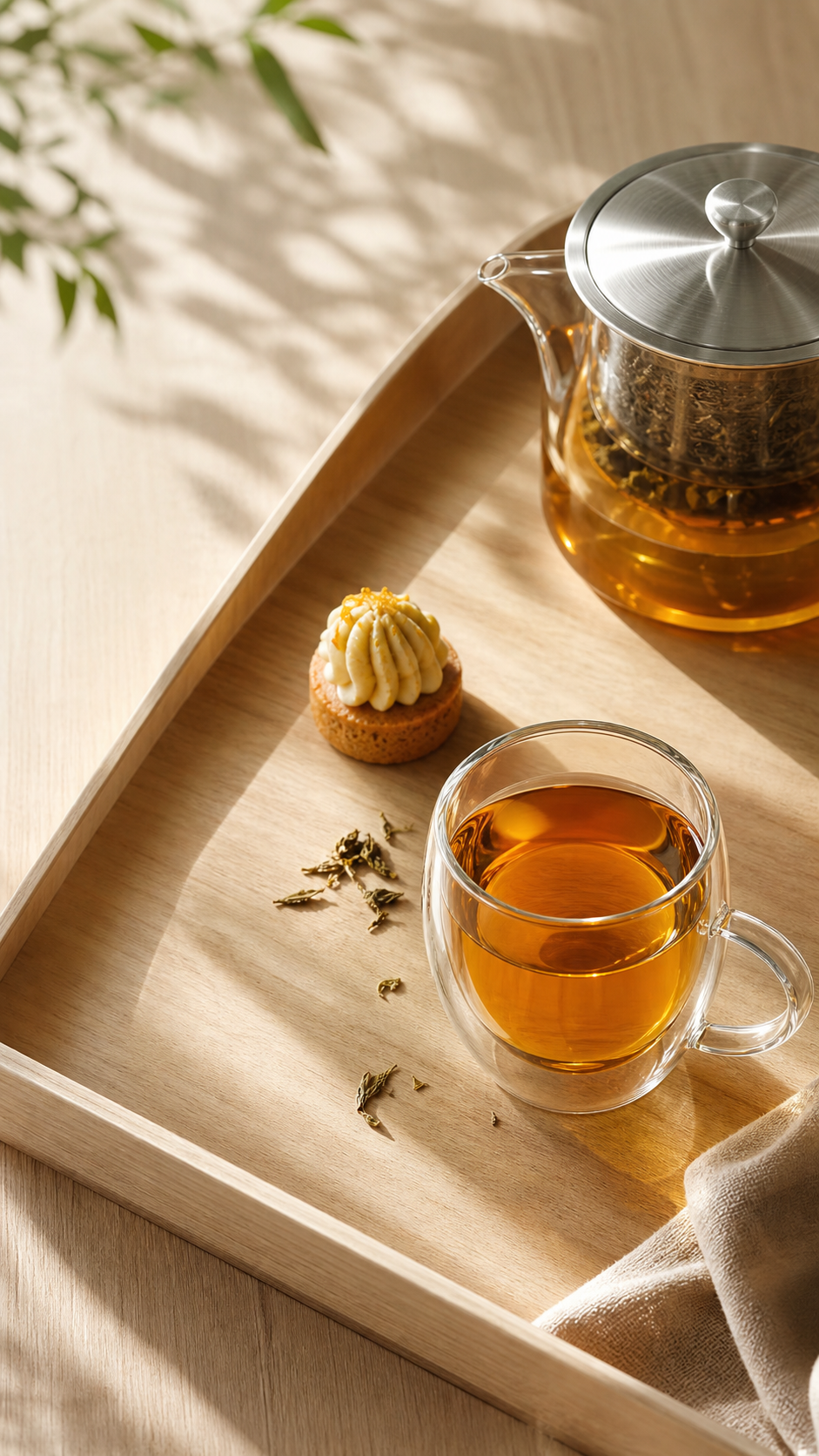 Taza de vidrio de doble pared con té sobre una bandeja de madera