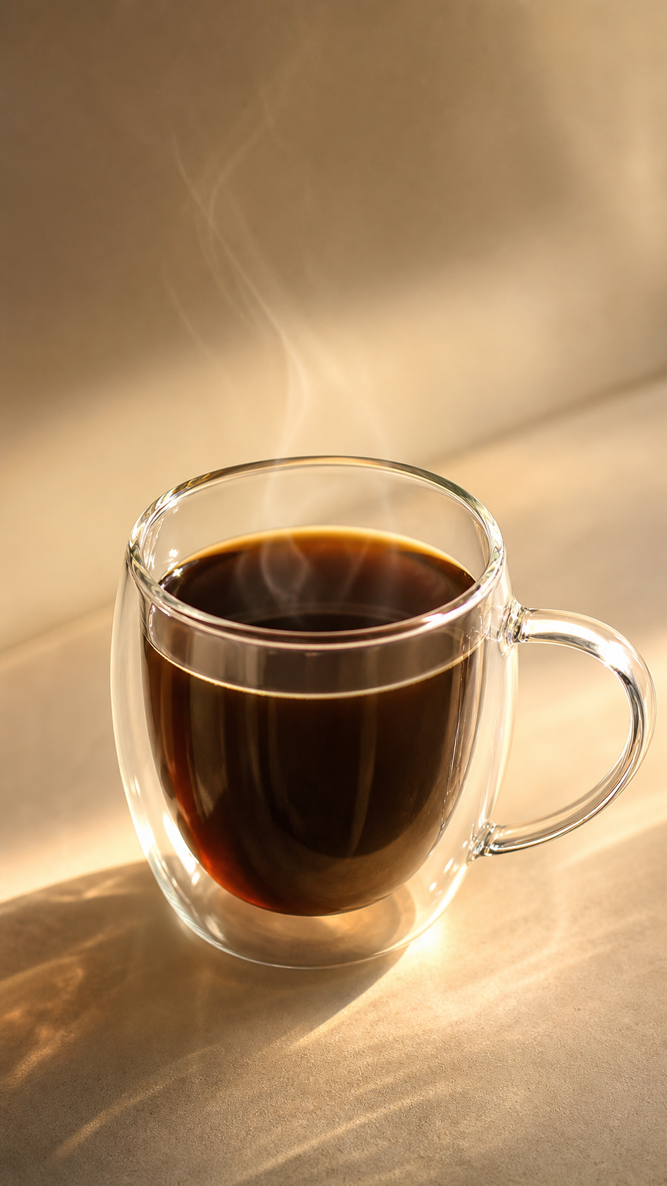 Detalle del borde de una taza de vidrio de doble pared con café caliente