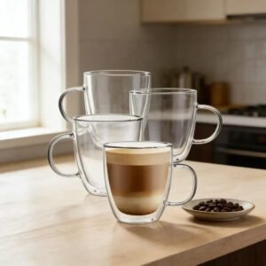 Set de 4 tazas de café de vidrio térmico de doble pared de 350 ml