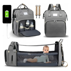 Bolso maternal plegable con cama, USB y parasol gris